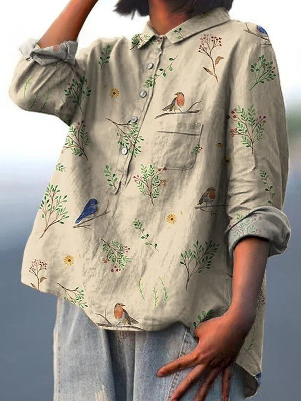 Boughs And Robin Birds Pattern Printed Women's Casual Shirt
