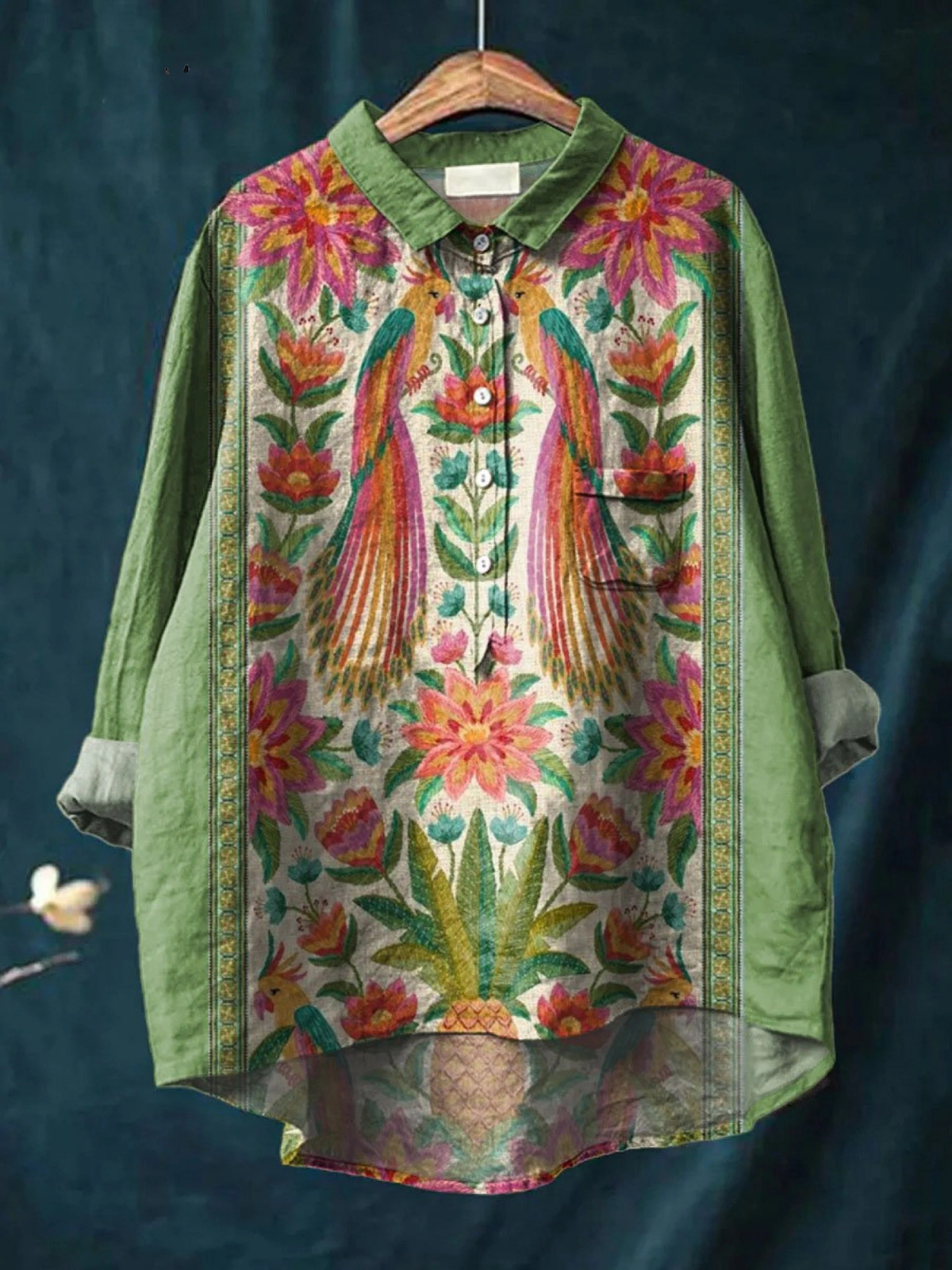 Women's Vintage Lovely Floral Birds Art Print Casual Shirt