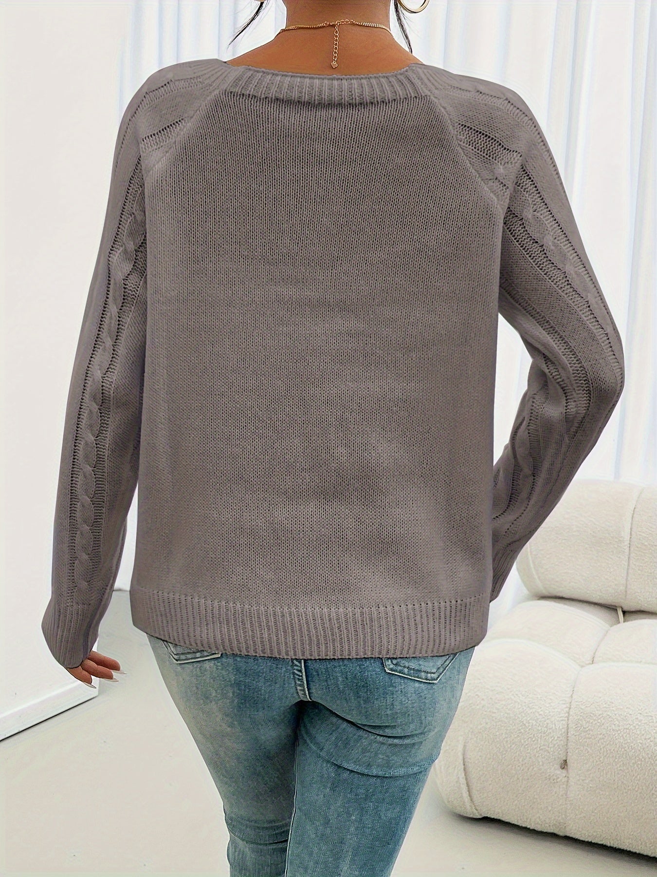 New Round Neck Textured Button Lantern Sleeve Sweater