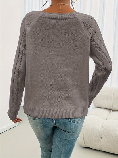 New Round Neck Textured Button Lantern Sleeve Sweater