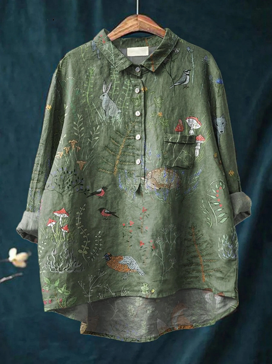 Woodland And Animals Repeat Pattern Printed Women's Casual Shirt