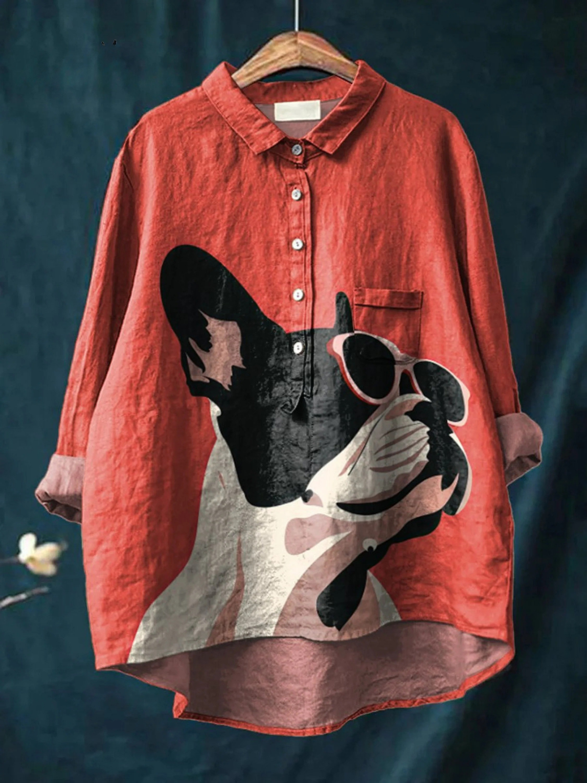 Decorative Pattern of French Bulldog Wearing Sunglasses On Red Background Casual  Shirt