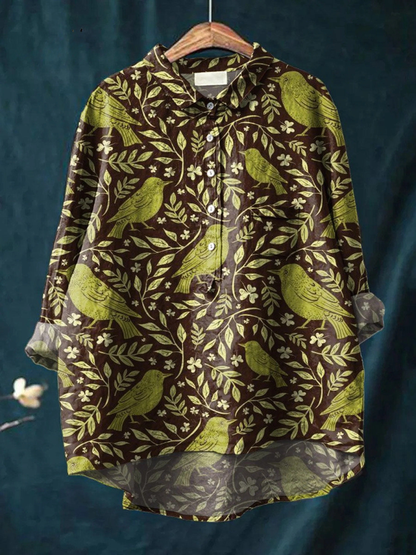 Women's Vintage Floral Birds Art Print Casual Shirt