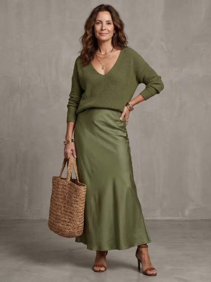 Luciana | Bias Fall Satin Skirt Knit Layer Set