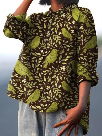 Women's Vintage Floral Birds Art Print Casual Shirt