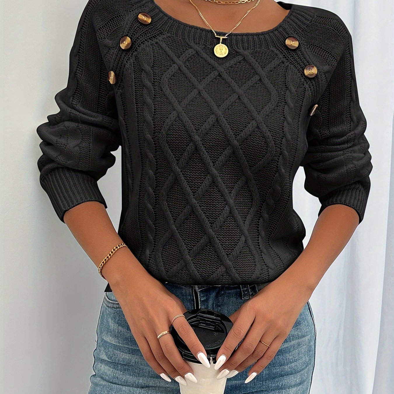 New Round Neck Textured Button Lantern Sleeve Sweater