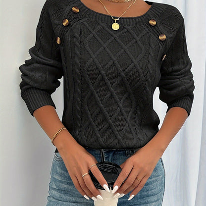 New Round Neck Textured Button Lantern Sleeve Sweater