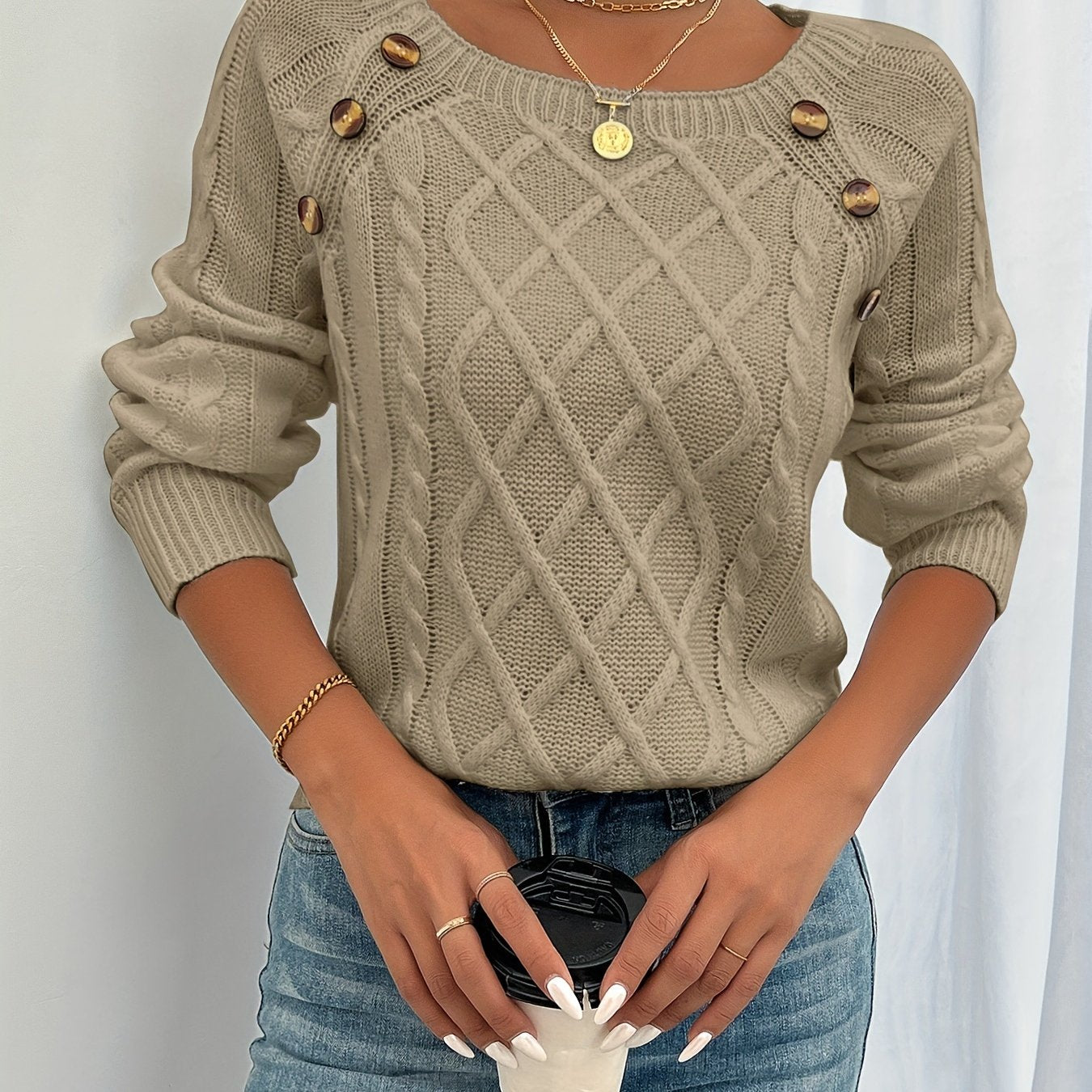 New Round Neck Textured Button Lantern Sleeve Sweater