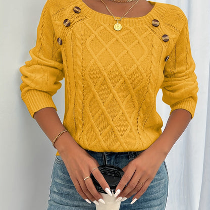 New Round Neck Textured Button Lantern Sleeve Sweater