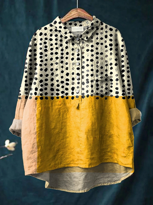 Women's Yellow Color-blocked Dots Print Casual  Shirt
