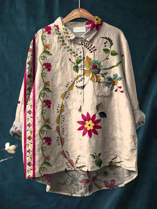 Women's  Vintage Floral Art Print  Casual Shirt.