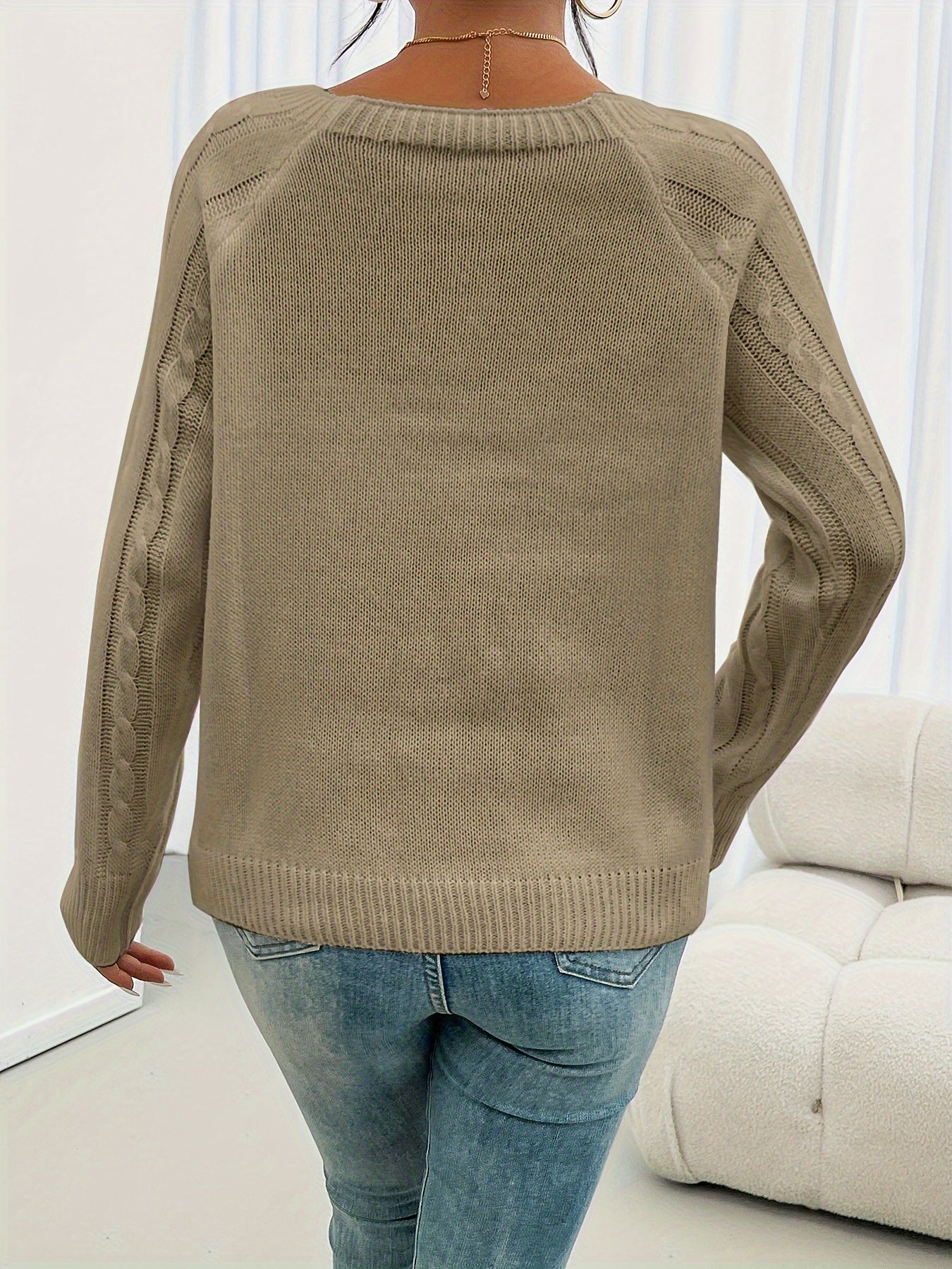New Round Neck Textured Button Lantern Sleeve Sweater