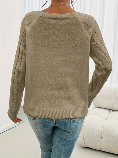 New Round Neck Textured Button Lantern Sleeve Sweater