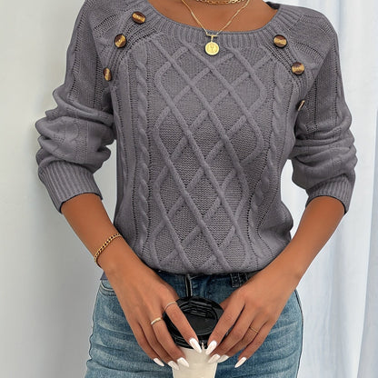 New Round Neck Textured Button Lantern Sleeve Sweater