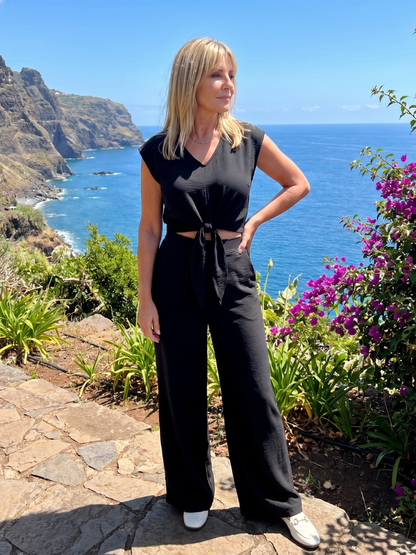 Leonora | Simple V Neck Strap Short Top Wide-leg Pants Sets