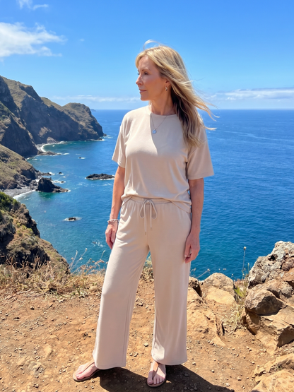 Wihel | Short Sleeve Drawstring Waist And Straight Leg Pants Set