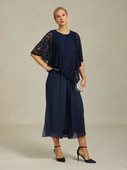 Cropped lengte rechte pijp broek met chiffon split pijp overlay