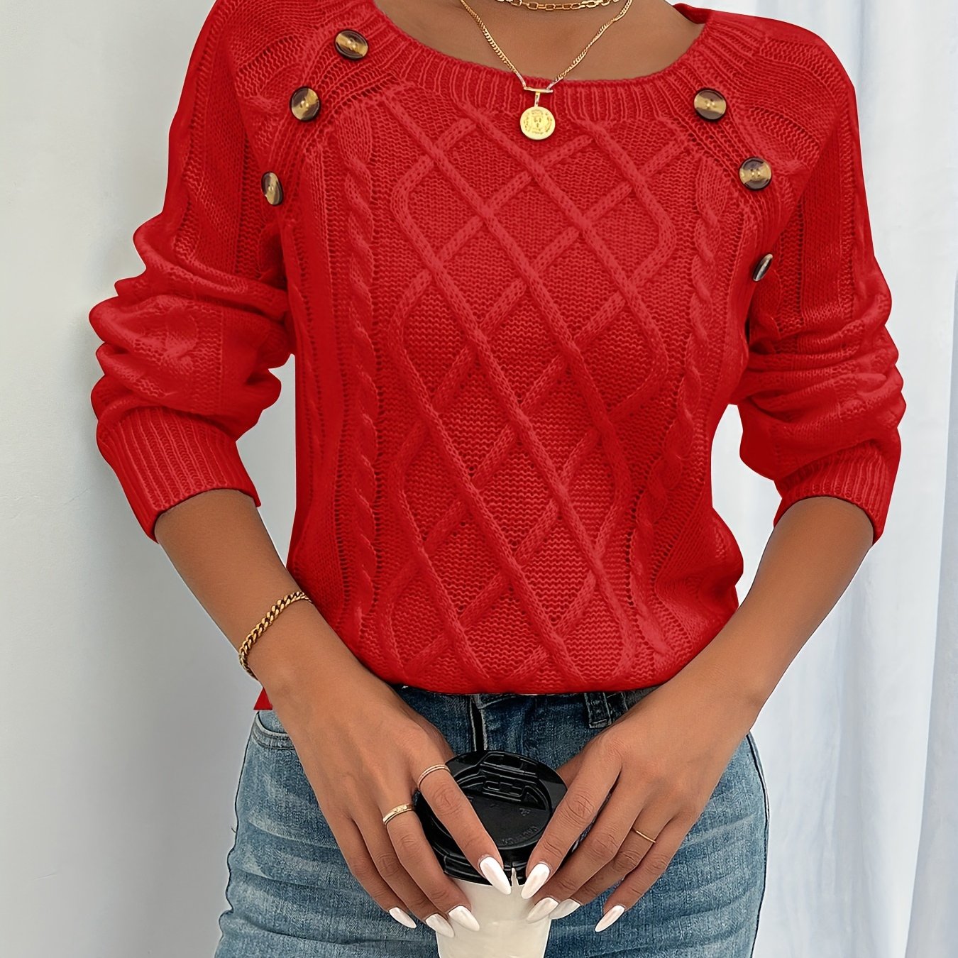New Round Neck Textured Button Lantern Sleeve Sweater