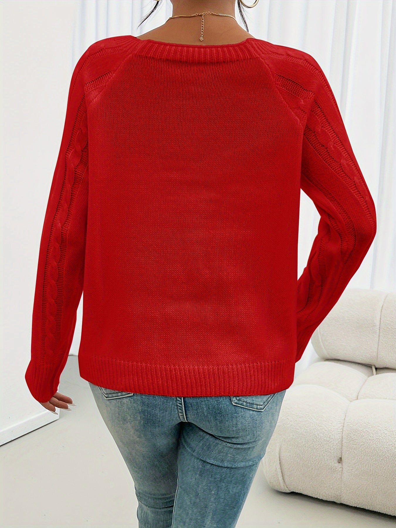 New Round Neck Textured Button Lantern Sleeve Sweater